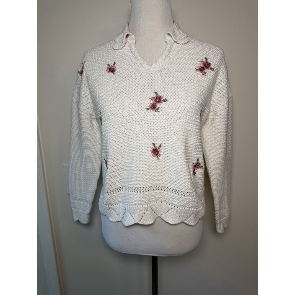 Springfield R[ECO]NSIDER Floral Embroidered Sweater M Cream Scallop Hem Cottage